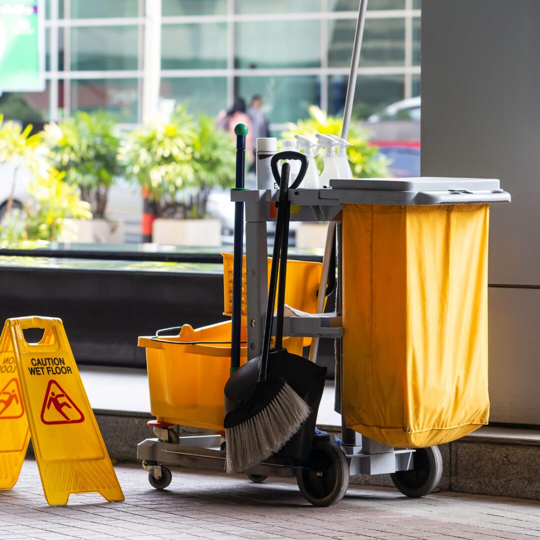 janitor cart with mops, brooms, etc next to a wet floor sign