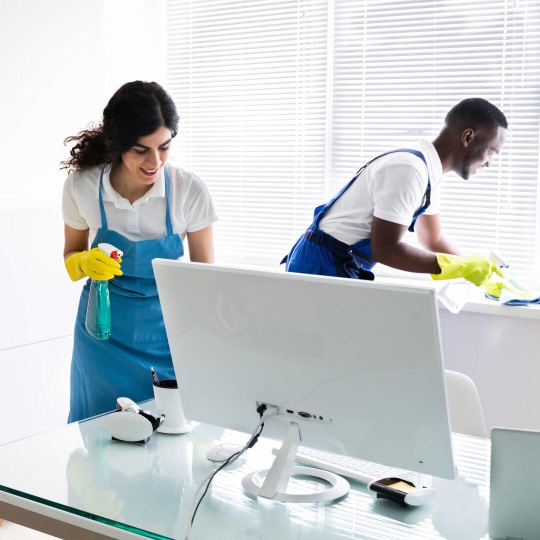 two housekeepers in blue aprons and white shirts cleaning an office